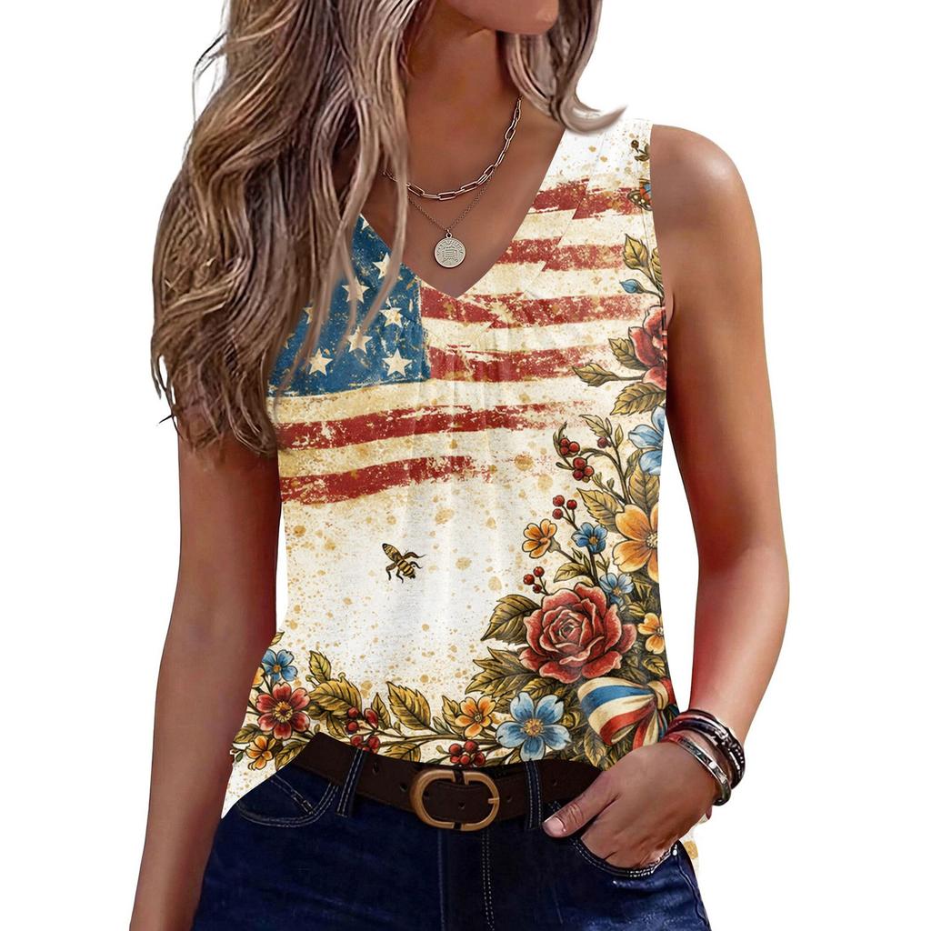 Women’s Sleeveless V Neck Tank Top with 250th Anniversary 1776 2026 and Floral Print Casual Summer Blouse Shirt
