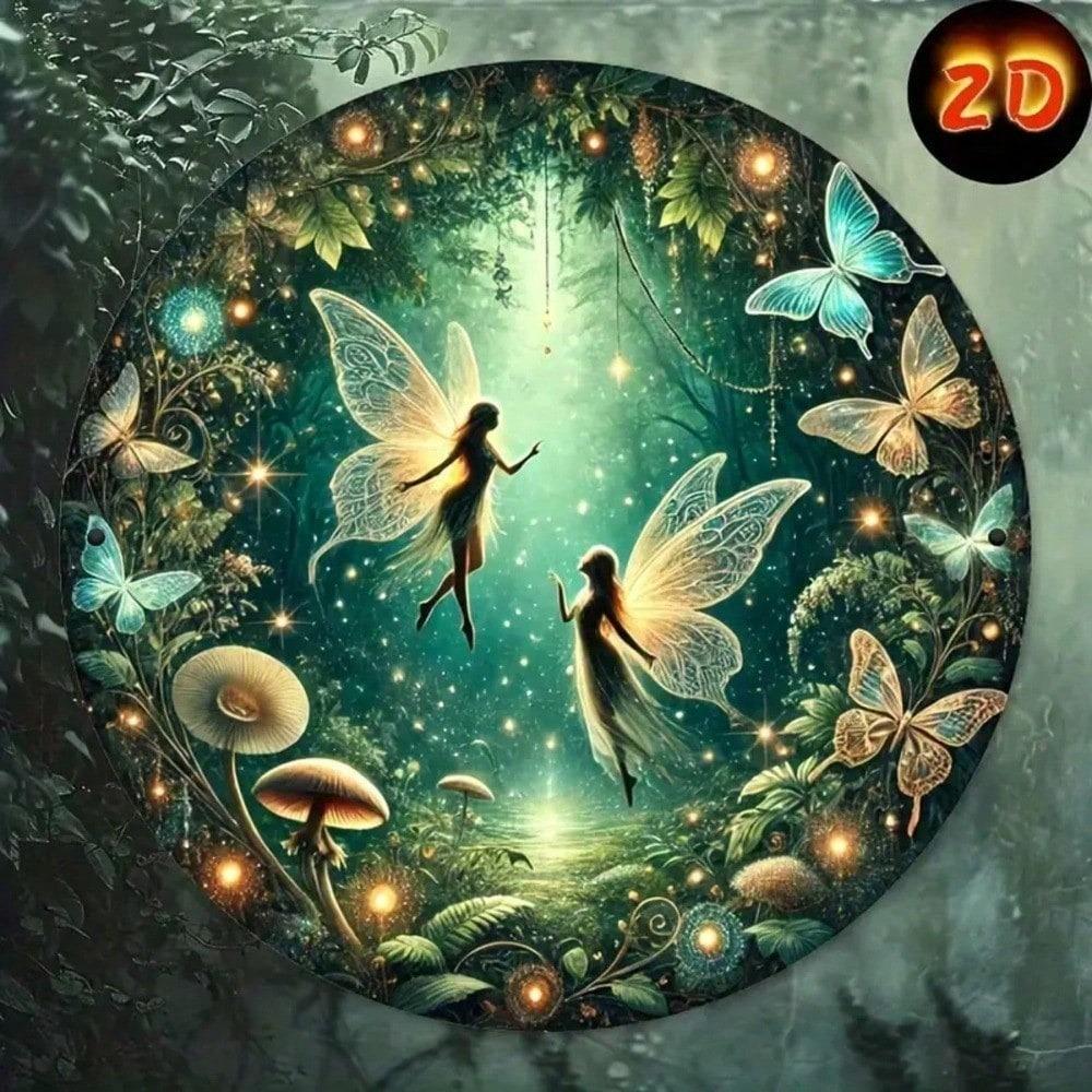 VANRISEN Vintage Fairy Forest Round Metal Tin Sign Fantasy Animal Plant Wall Art Kids Room Garden Porch Decor