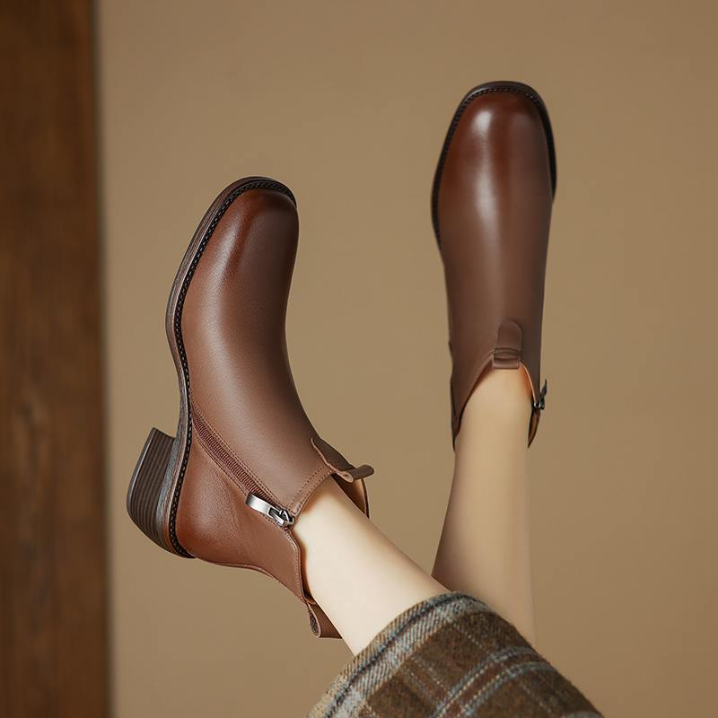 Krazing Pot Cow Skin Winter Square Toe Thick Heels Chelsea Fashion Boots Women Slip on Women Ankle Boots