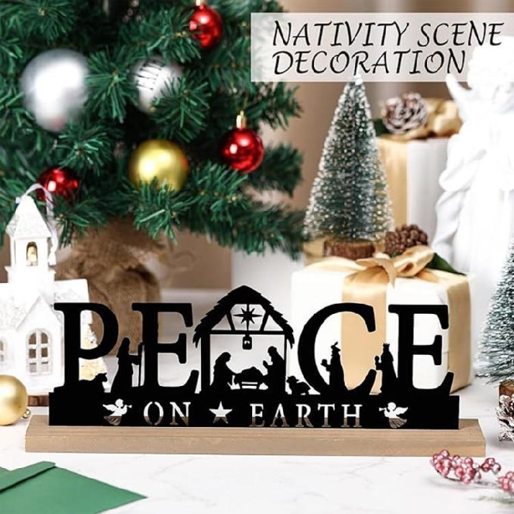 Classical Black Metal Nativity Scene Figurine Sculpture Christmas Tabletop Decoration Iron Sign with Wood Base Ornament