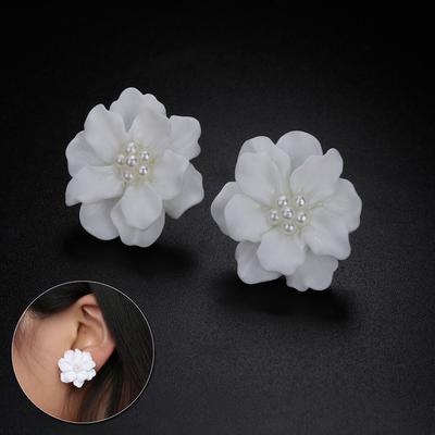 Elegant Women Girl Inlay Beads Stud Earrings Simulated Pearl Camellia Big White Flower