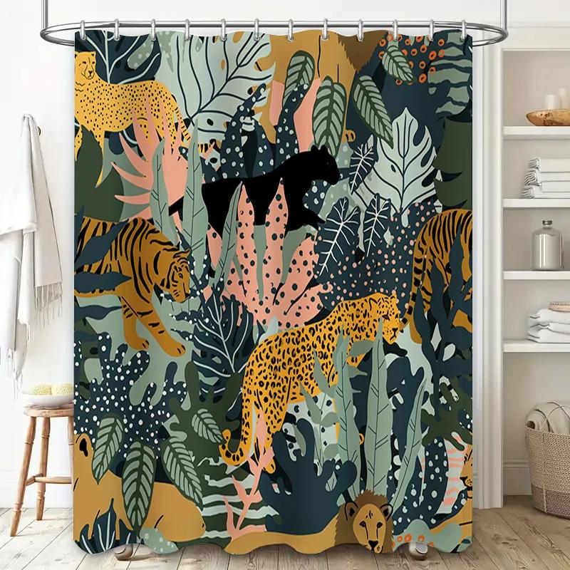 Wildlife-Inspired Shower Curtain Black Leopard Tiger Print Greenery Background Waterproof Fabric for Bathroom Decoration