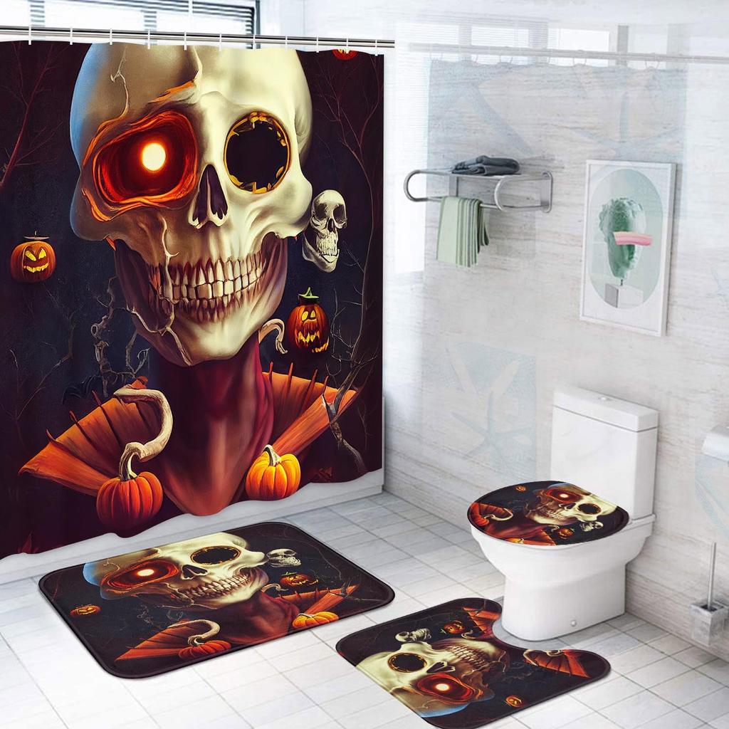 Halloween Shower Curtain Sets With Rugs Black Pumpkin Bathroom Set With Non-Slip Rug, Toilet Lid Cover, Bath Mat And 12 Hooks