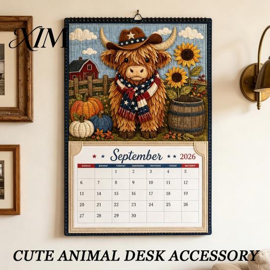 Crafting Project for Adults Highland Cow Farmhouse Calendar DIY Kit 12 Months, Handmade Rustic Theme Craft Set Paper And Cloth Set, Home Office Decor