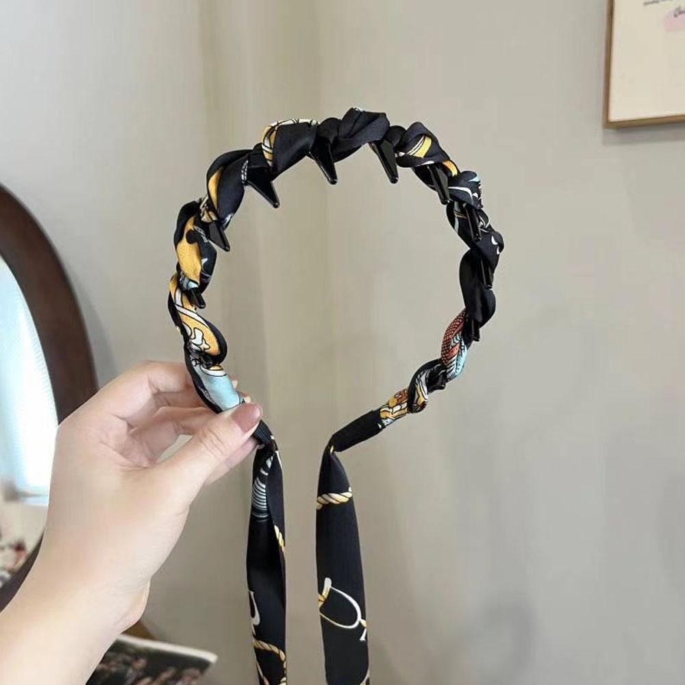 Vintage Print Chain Long Ribbon Hairband French Pearl Streamer Tied Hair Integrated Premium Fashion Hair Braided Hair Accessorie