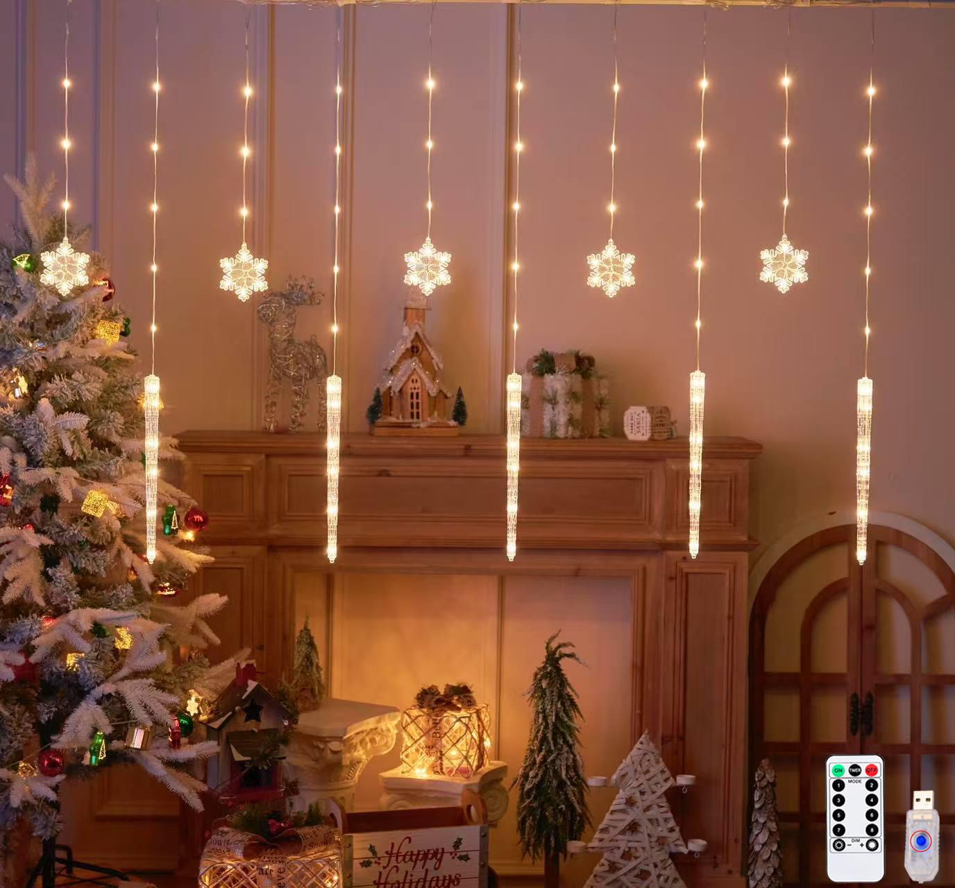 

Christmas Fairy Curtain Lights 9.8ft Snowflake Ice Pick Light USB Remote Indoor Decorations Twinkle Lamp for Bedroom Xmas Window теплый белый