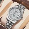 Herren Automatische Mechanische Uhr Weiß Perlmutt Zifferblatt Diamant Römische Ziffern Kalender Datum Edelstahl Armbanduhr