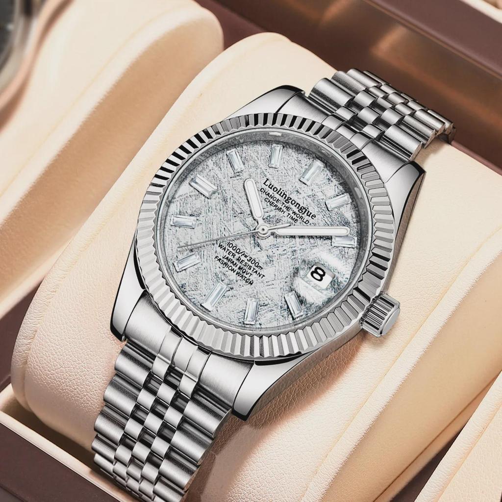 Herren Automatische Mechanische Uhr Weiß Perlmutt Zifferblatt Diamant Römische Ziffern Kalender Datum Edelstahl Armbanduhr