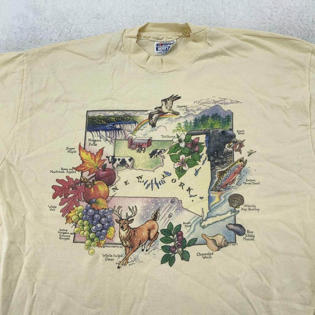 Vintage New York Shirt Mens Large Cream Nature Graphic Map 90s USA State City