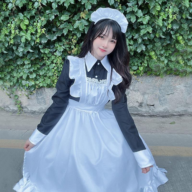 Anime langes Dienstmädchen-Outfit schwarz-weiß klassischer Stil Dienstmädchen langes Kleid Uniform niedliches Alltagskleid