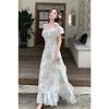 2026 French small flying sleeves floral chiffon dress women's summer gentle vacation temperament waist a-word skirt long dress
