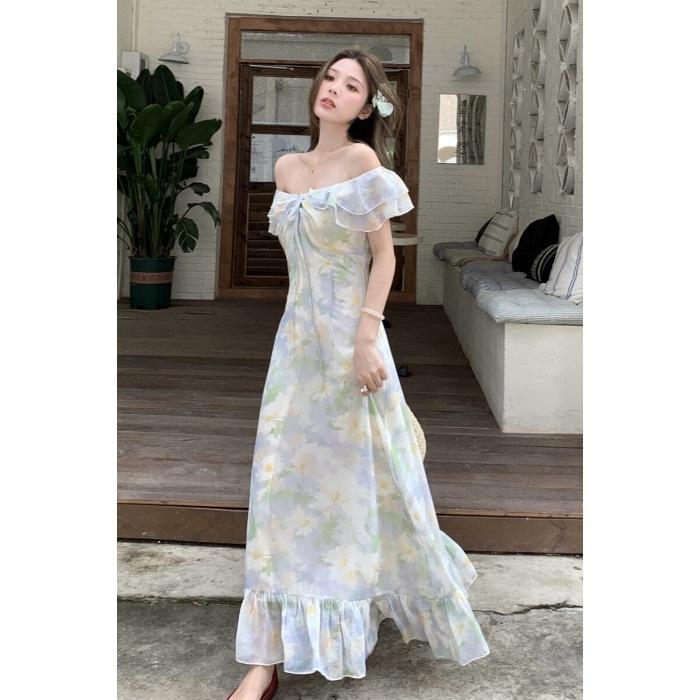 2026 French small flying sleeves floral chiffon dress women's summer gentle vacation temperament waist a-word skirt long dress