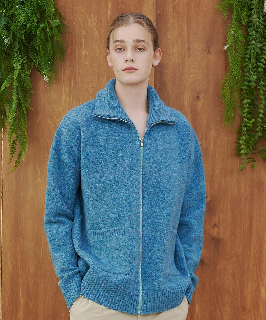 Blond9 Wool Boucle Full Zip Cardigan_Blue