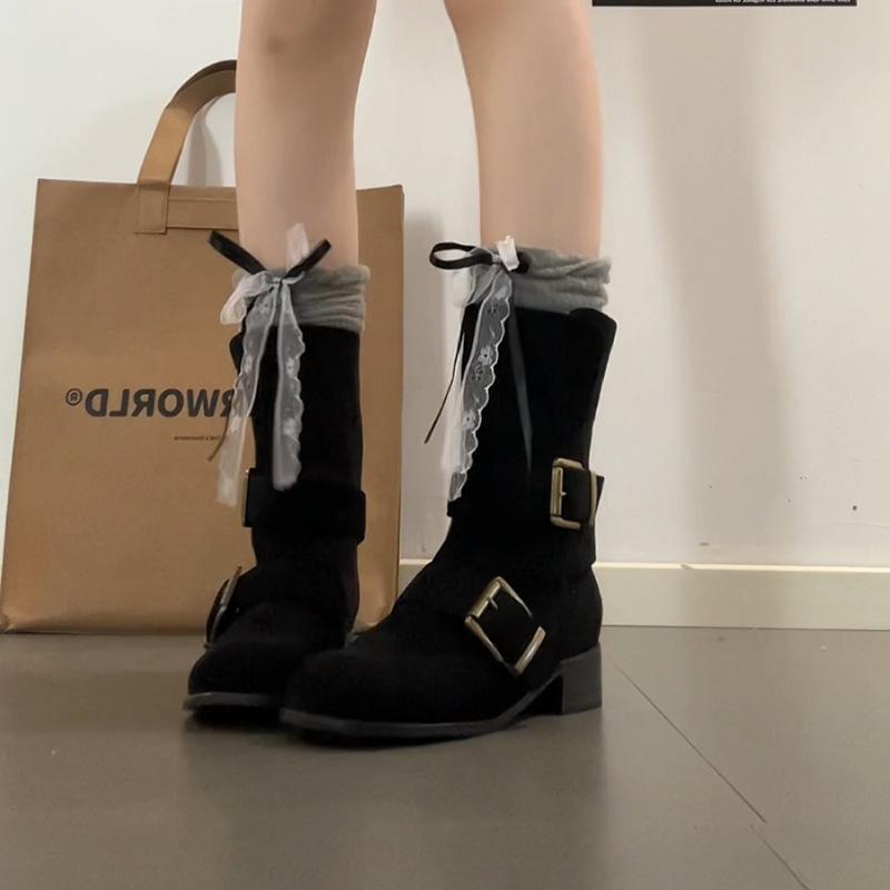 Fashion Tribe Spice Girls But Knee Round Head Knight Boots Women's 2025 Autumn and Winter New Versatile Medium Boots Fashion Boots Tide