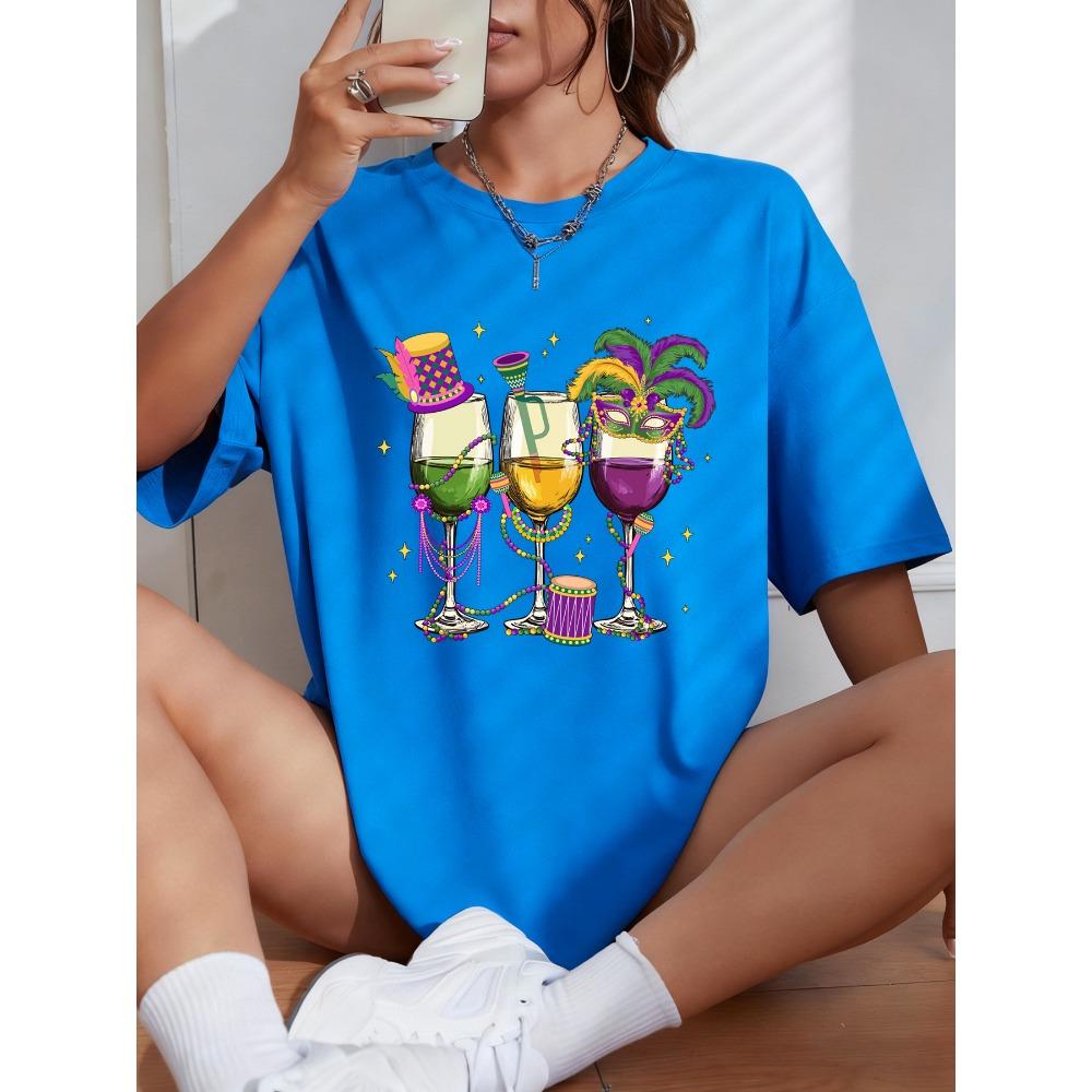Happy Carnivals Wine Cup Hand Drum Print Short Sleeve Women Cotton Y2K Crewneck T-Shirt Soft Top Summer Loose T Shirt