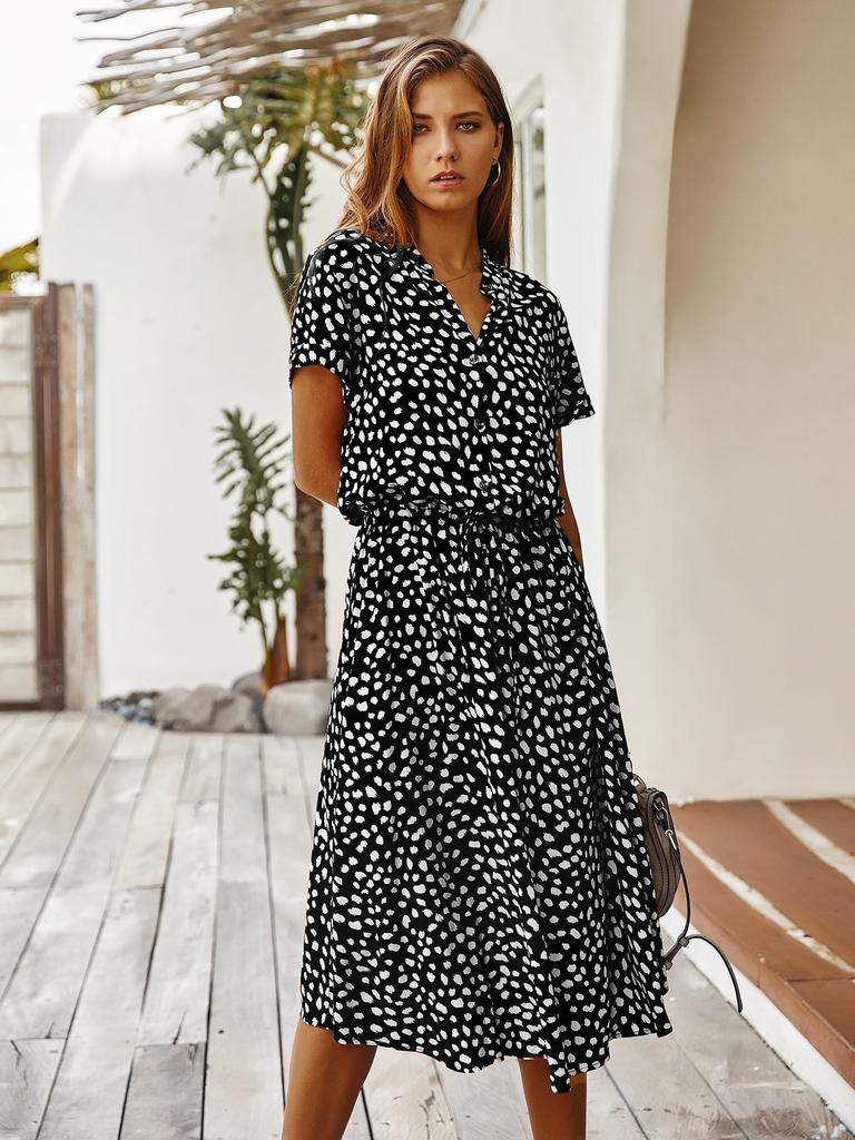 Europe, America 2026 summer new long dress V-neck temperament fresh button-tie polka dot dress