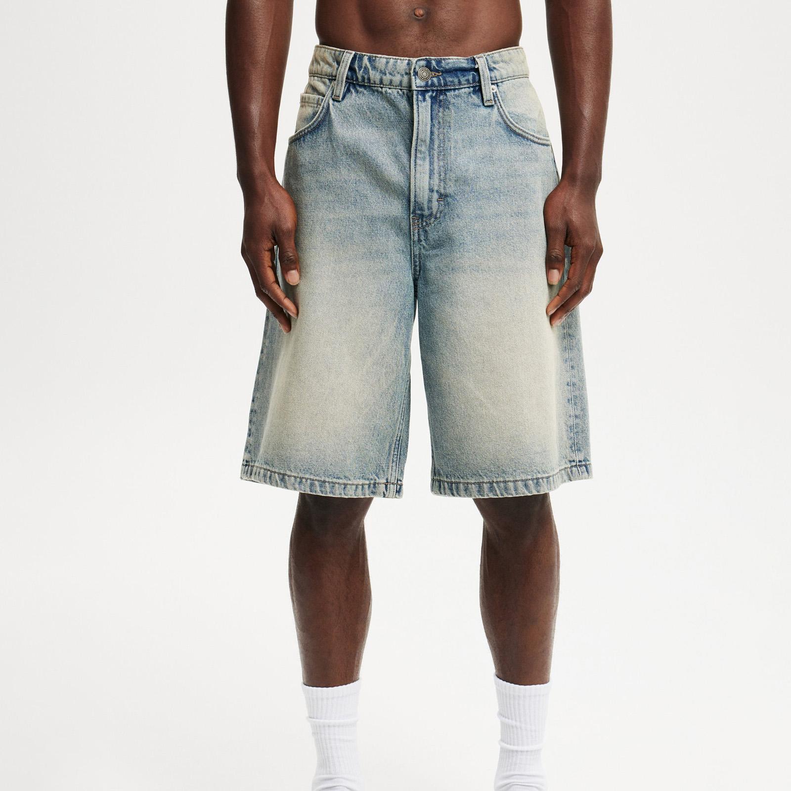 

Casual Men s Knee Length Denim Shorts Fashion High Waist Loose Fit Baggy Jean Shorts for Summer Daily Streetwear XS синий