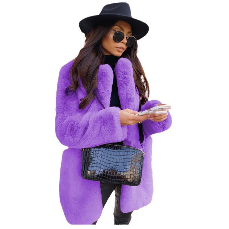 Women's Solid Color Lapel Long-Sleeve Faux Fur Coat - European & American Style, Warm, Large Size