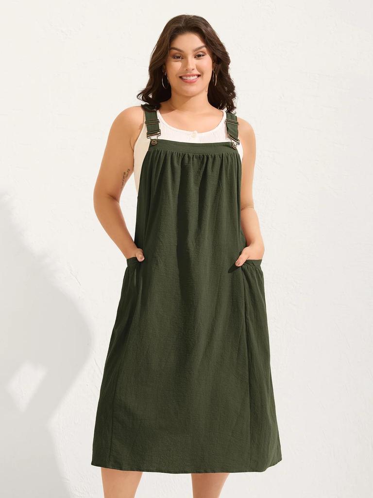 Plus Size Women's Cotton Pleated Suspender Dress with Pockets - Casual and Slimming Fit