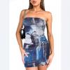 Women's Abstract Print Strapless Bodycon Mini Dress Ruched Tube Top Party Dress