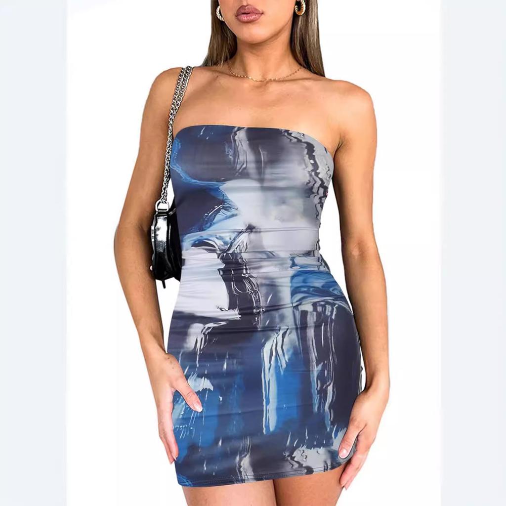 Women's Abstract Print Strapless Bodycon Mini Dress Ruched Tube Top Party Dress