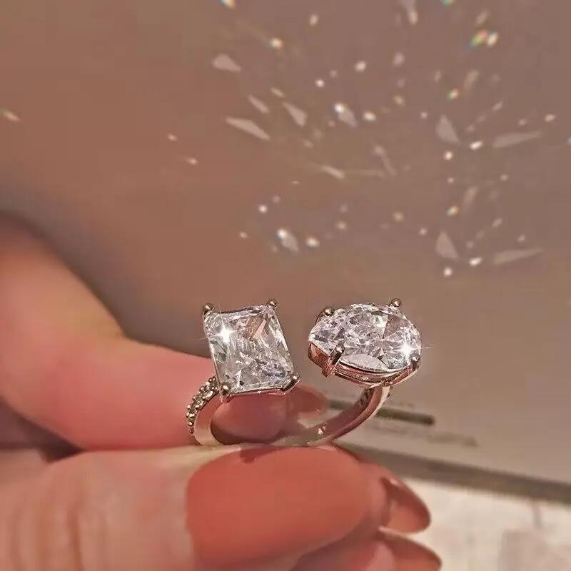

CAOSHI Chic Rectangular Design Opening Rings for Women Fashion Copper Color Bright Zirconia Finger Accessories Trendy Zircon resizable