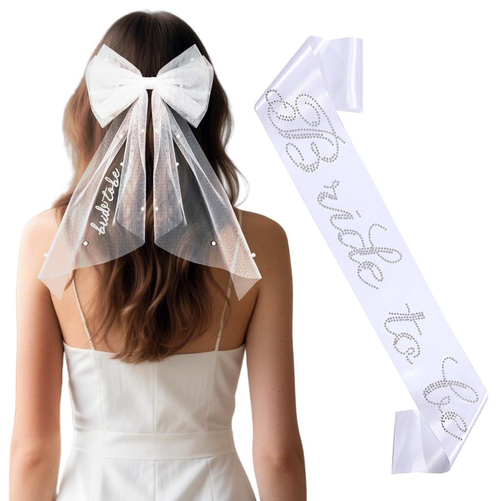 2026 Fashion Bridal Bow Embroidery Hairpin Pearl Hot Silver Shoulder Strap Bachelor Party Super Fairy Mesh Set