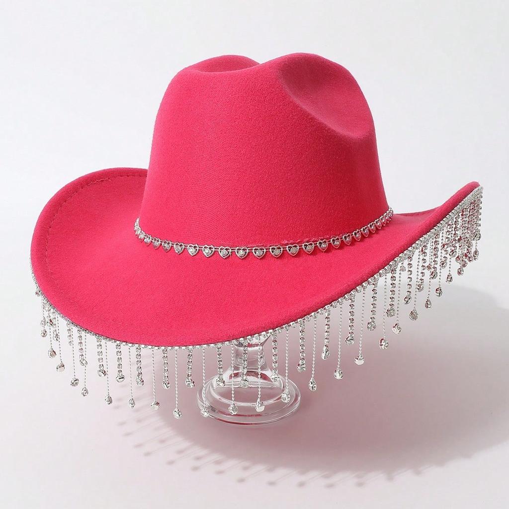 Women's Gender-neutral Western Cowboy Hat, Water Drop Gem Medium Chain with Rhinestone Tassel European and American Hats, Bridal Top Hats