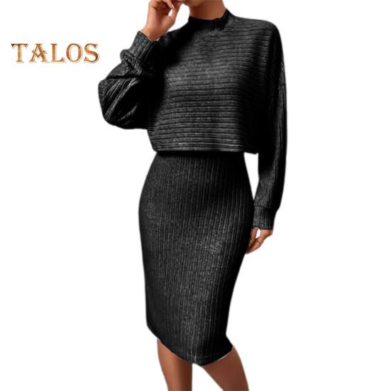 

2 шт./комплект женский топ платье костюм воротник-стойка нитка длинный рукав свитер V-образный вырез облегающее платье без рукавов однотонное платье миди для поездок на работу свиданий 2XL чёрный