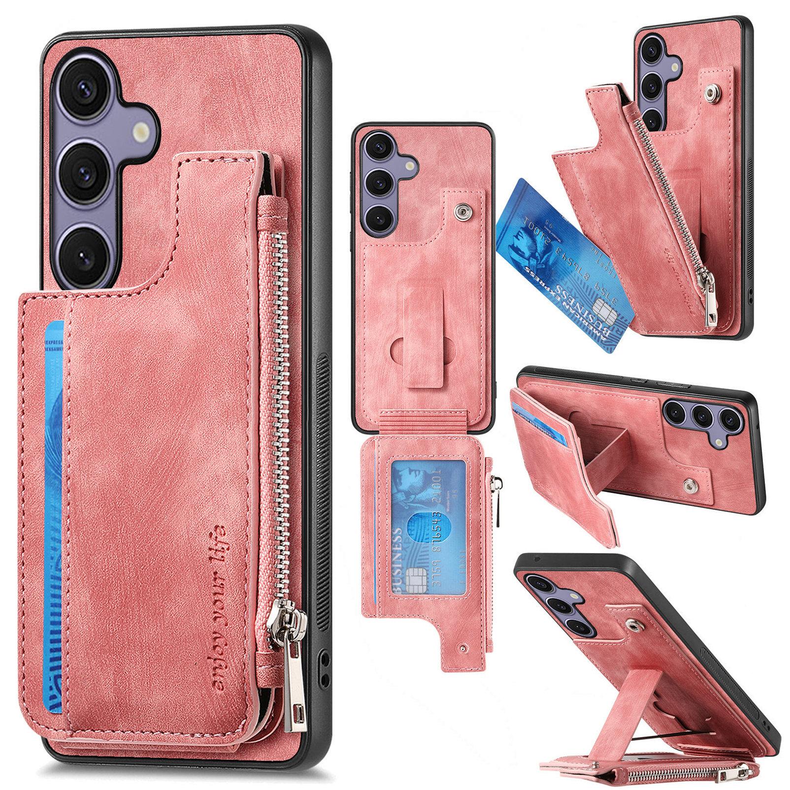 

For Samsung Galaxy S25 Case Zipper Card Holder Kickstand Leather+PC+TPU Phone Cover Pink
