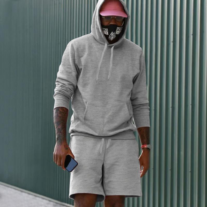 Men's Fleece Hoodie Shorts Two-piece Loose Solid Color Casual Sports Men's Suit