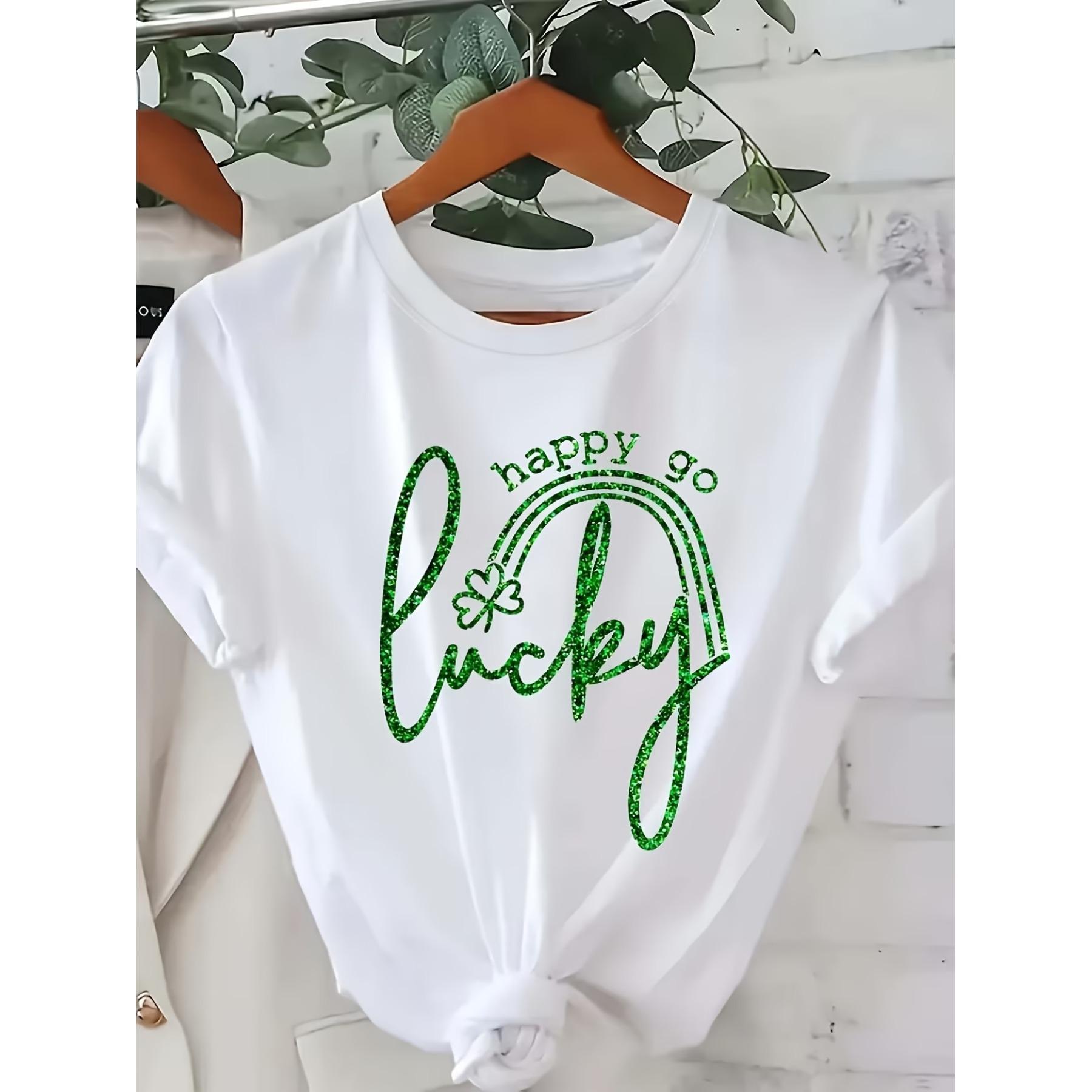 

Patrick S Day Lucky Alphabet Print Crew Neck T-Shirt, Casual Polyester Knit Fabric Tee XXL білий