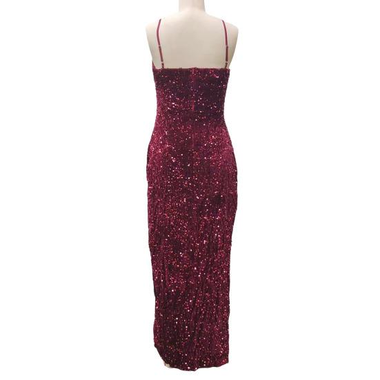 Women Evening Dress Shiny Sequin Deep V Neck Backless Sleeveless Adjustable Spaghetti Strap High Split