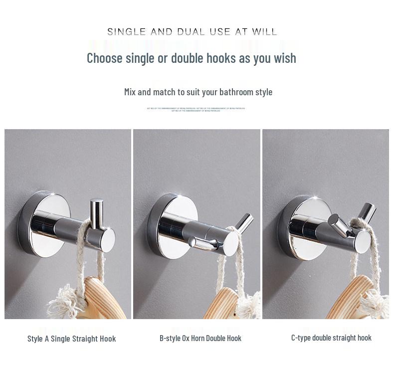 304 Stainless Steel Wall-Mounted Clothes Hook for Bathroom and Entrance - Single Hook for Coats, Hats, and Clothing