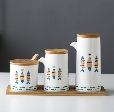 marble Ceramic Gravy Olive Oil Pot set Soy Sauce Vinegar Seasoning Can Oil Bottle Kitchen Cooking Tools Storage Bottles set