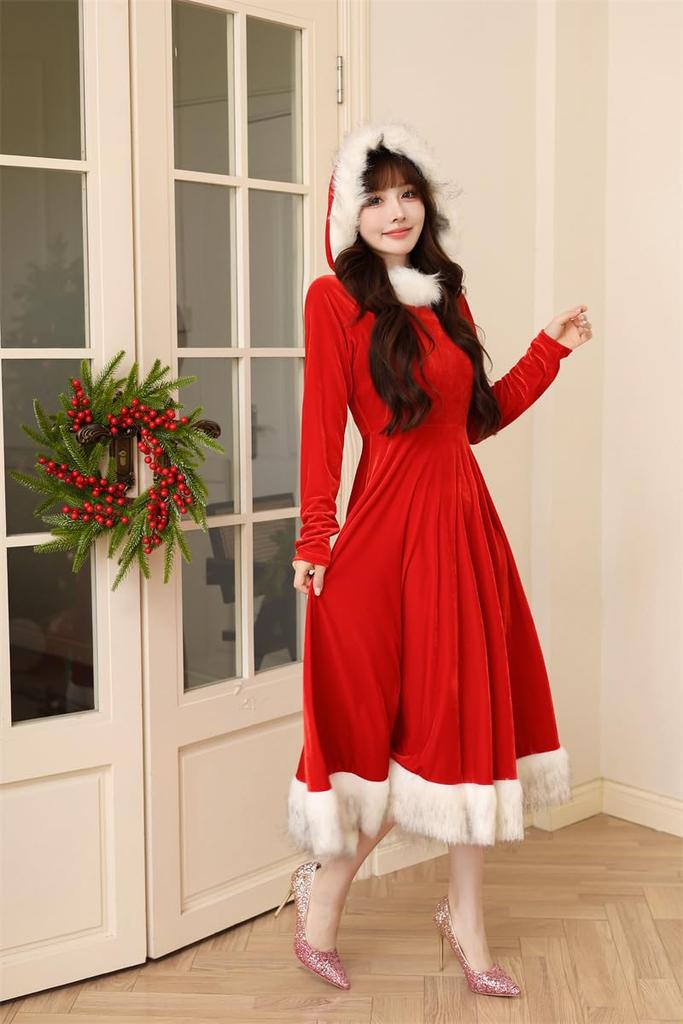 Shangki Santa Dress, Santa Claus Long Sleeve Dress with Hood, Red, Christmas Costume for Women, Party Wear, Cute Long Skirt (Size L, Red)