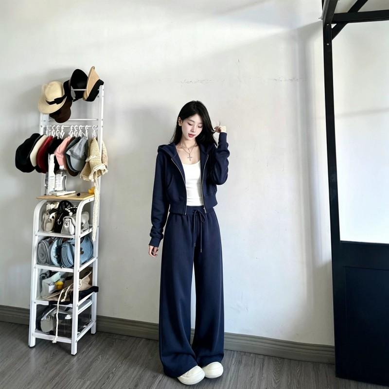 Womens Navy Short Hoodie Sweatshirt Tracksuit Set Fall Korean Casual Outfit
