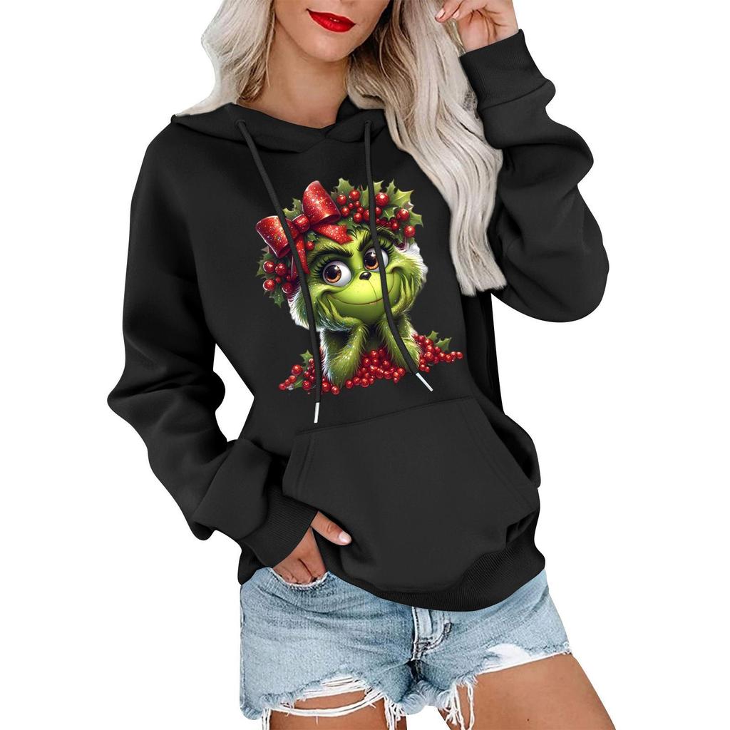 Women's Casual Comfortable Neck Hooded Long Sleeve Christmas Print Warm Sweatshirt
