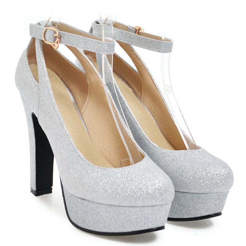 Ankle Strap Platform Women's High Heels Shoe Sexy Luxury Silver Black Gold Heels Pumps Fashion Office Party Wedding Shoes Female