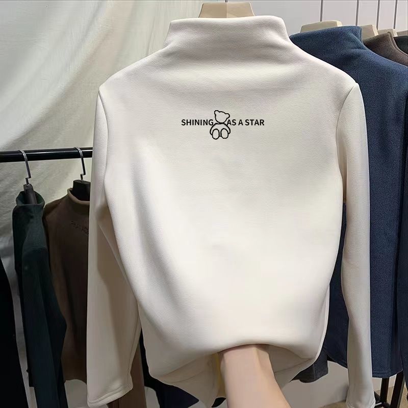 Jednodílná flaneletová košile s polovysokým límcem pro dámský podzimní a zimní styl Plyšová zahuštěná teplá podšívka Top s dlouhým rukávem