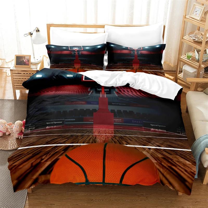 Basketball Duvet Cover Set Black 3D Ball Sports Theme Bedding Set Microfiber Basketball Court Competitive Games King Quilt Cover