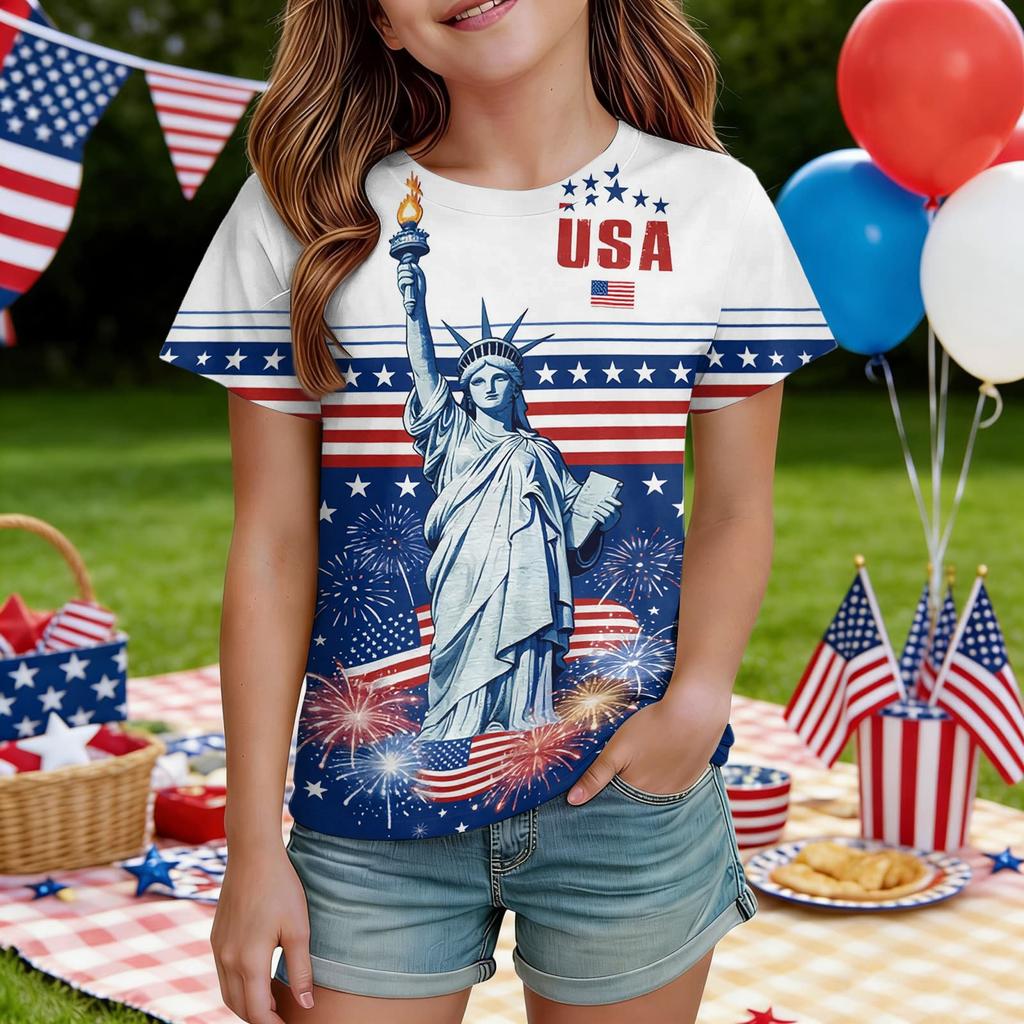 Kids Independence Day Print Round Neck Short Sleeve Casual T-shirt