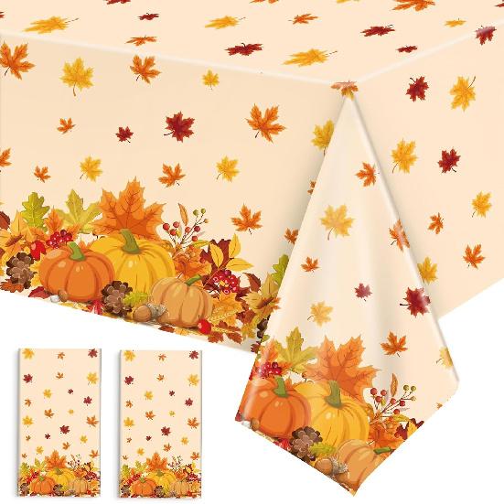 2 Pack Thanksgiving Tablecloth Fall Party Decorations, 54 x 108 Inch Rectangle Disposable Autumn Table Cloth, Plastic Pumpkin Table Cover for Harvest
