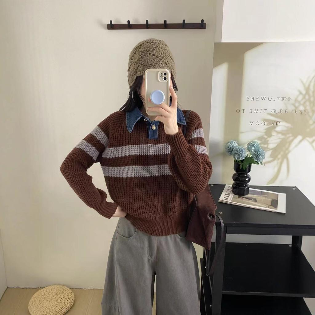 Japan and South Korea holiday two pieces of autumn and winter new denim neck knitted sweater women's loose striped thin bottoming shirt top