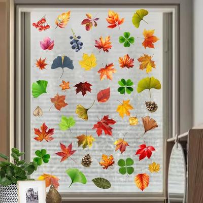 Static Cling Autumn Window Decals with Maple Leaf Ginkgo Pine Cone Designs for Home and Office Fall Decoration