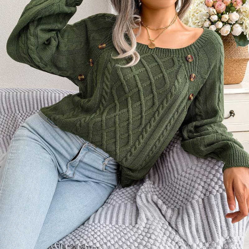 Women's Autumn and Winter Casual Square Collar Nail Buckle Twist Knitted Jumper