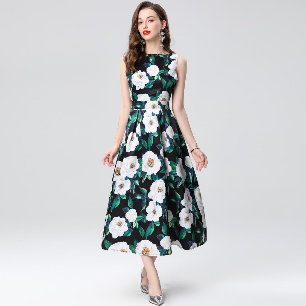 Summer Women Fashion European Style Elegant Sleeveless Print Long Maxi Tank Party Dresses