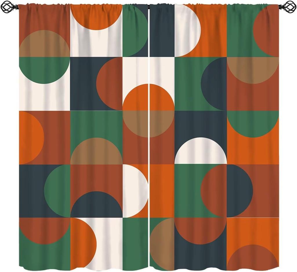 Mid-Century Vorhang, Gelb Vintage Abstrakt Boho Fensterdekoration Moderne Geometrische Kreise Kreisförmig Klassisch Retro 50er Jahre Bauernhaus
