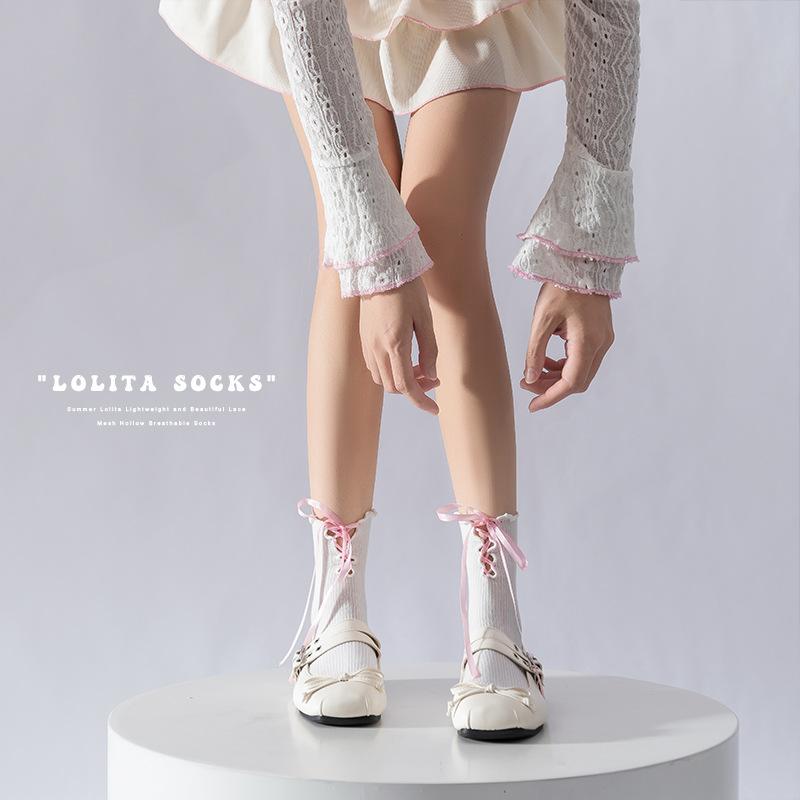 Girls' Spring and Autumn Ballet-style Lace Lace-tied Mid-calf Lolita Sweet Bow Girls' Short Socks