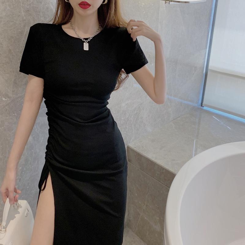 Women's Bodycon Midi Dress Short Sleeve Crew Neck Ruched Side Slit Dress Slim Fit Drawstring Casual T-Shirt Dress for Summer Streetwear Daily Wear